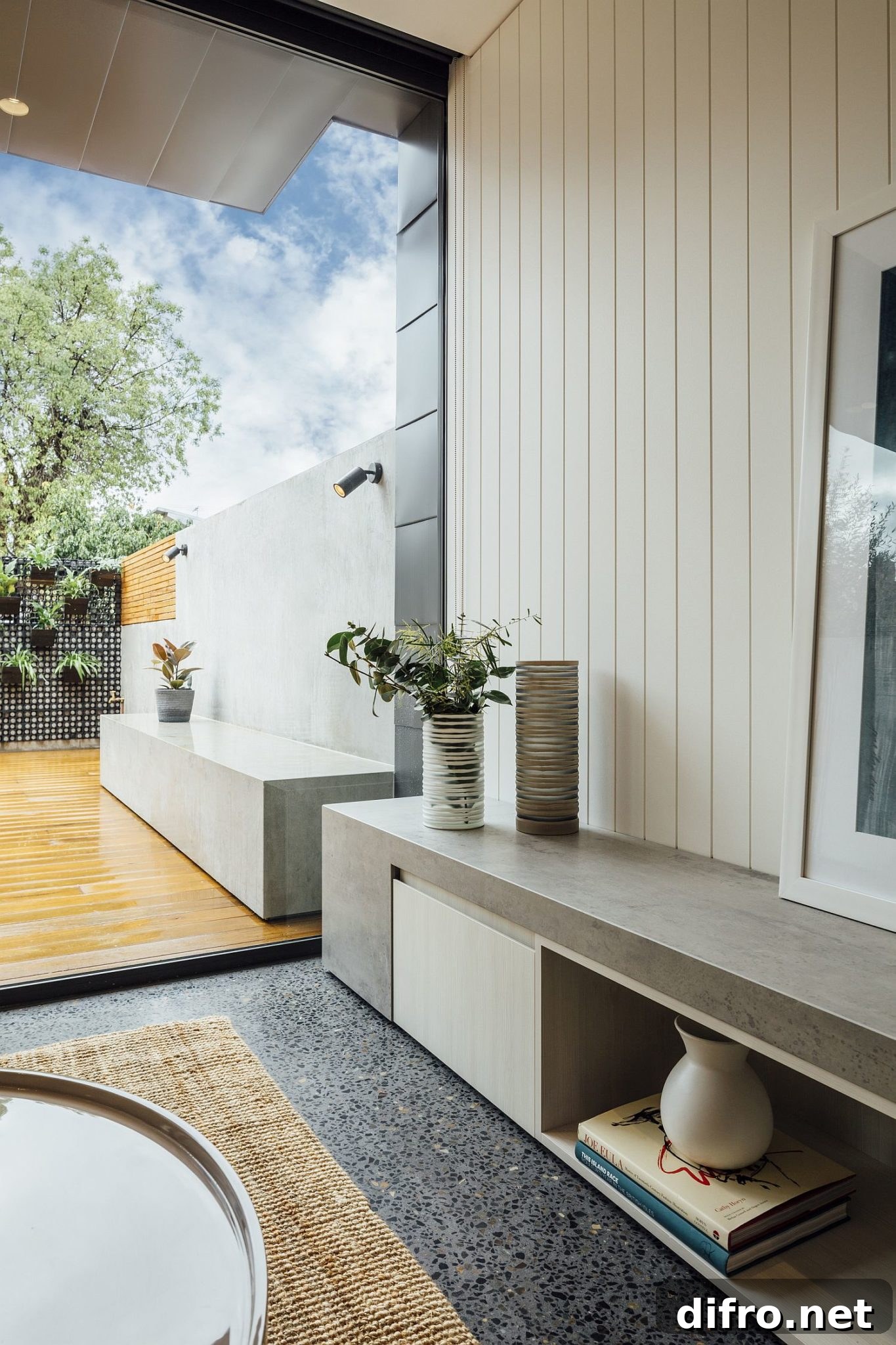 Smart bench with storage creates visual connectivity with the deck outside