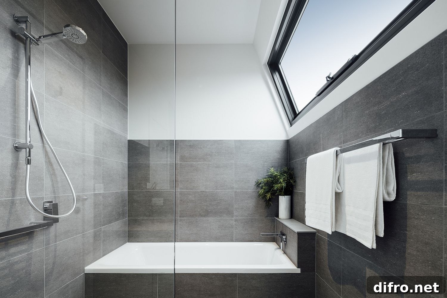 Contemporary bathroom in gray with ample natural light