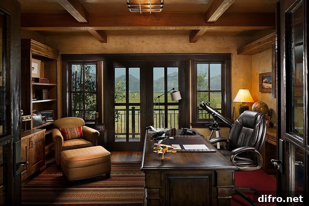 Rustic home office with mountain views