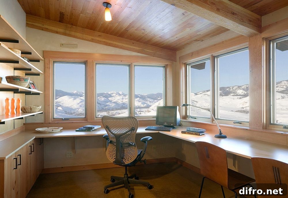 Snow-covered mountains outside a home office window