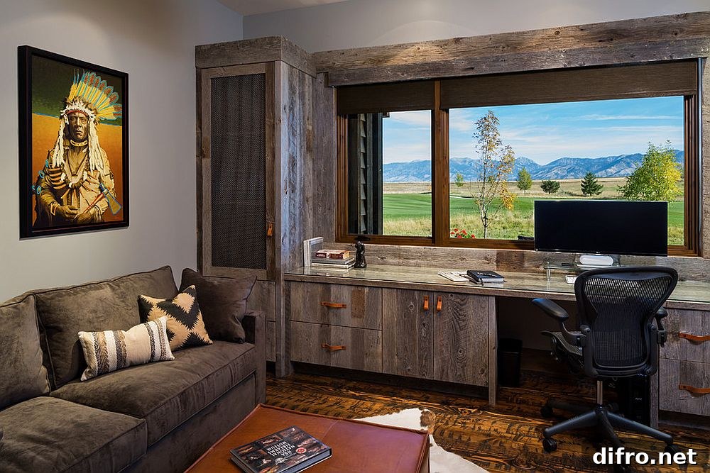 Modern rustic home office with wooden shelving