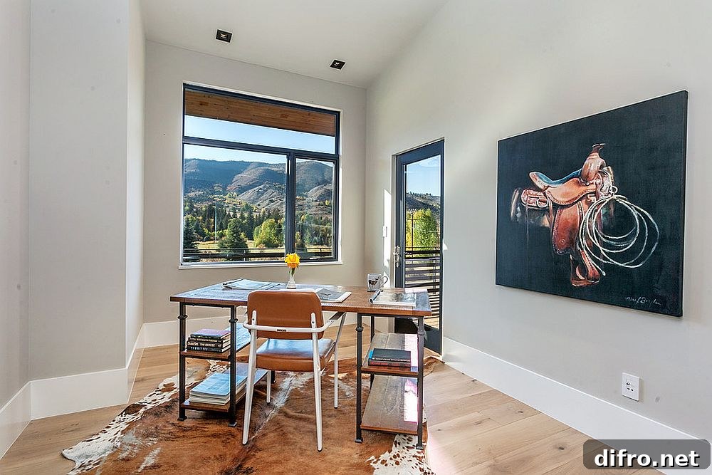 Home office with balcony and mountain views
