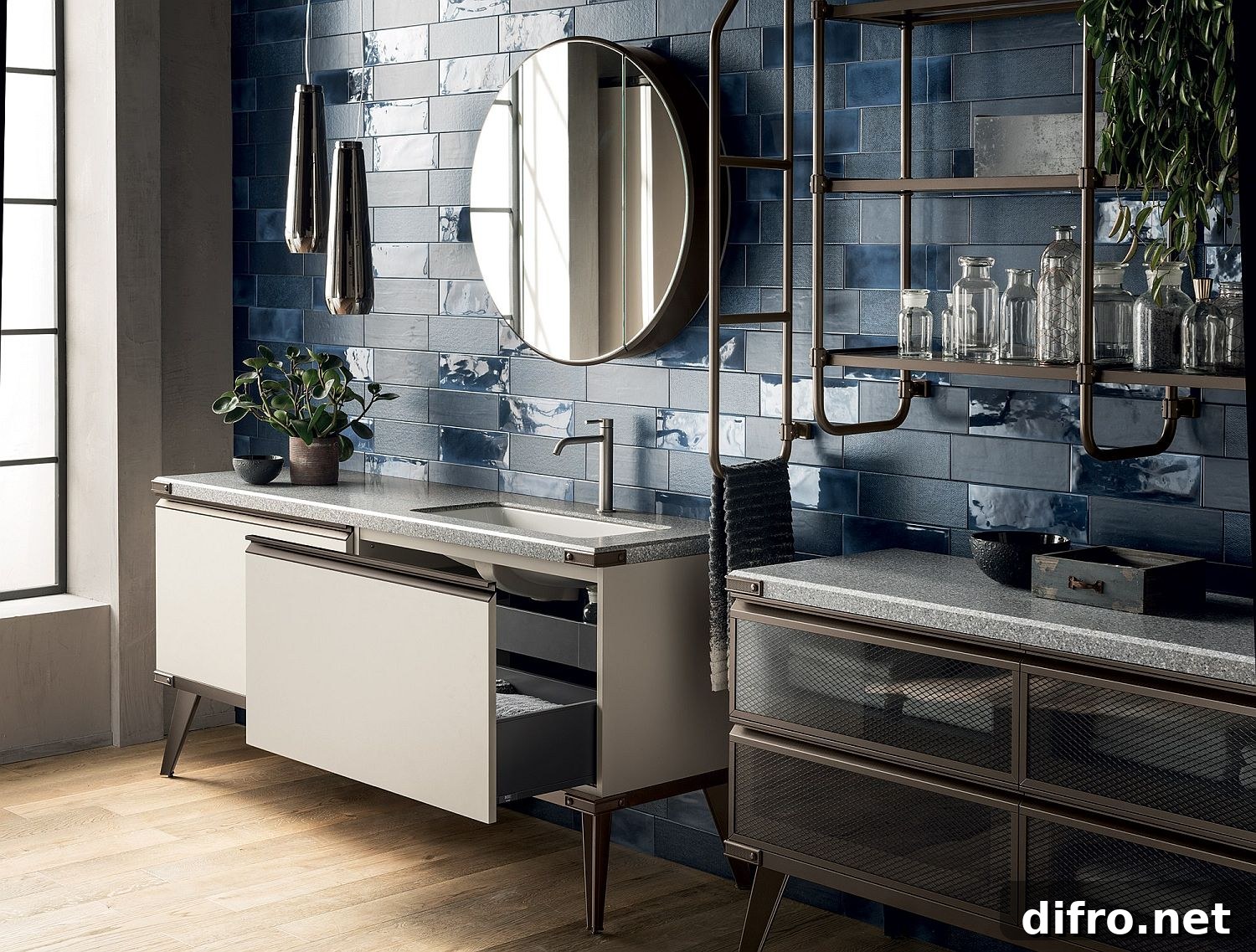 Gorgeous blue tile steals the show here