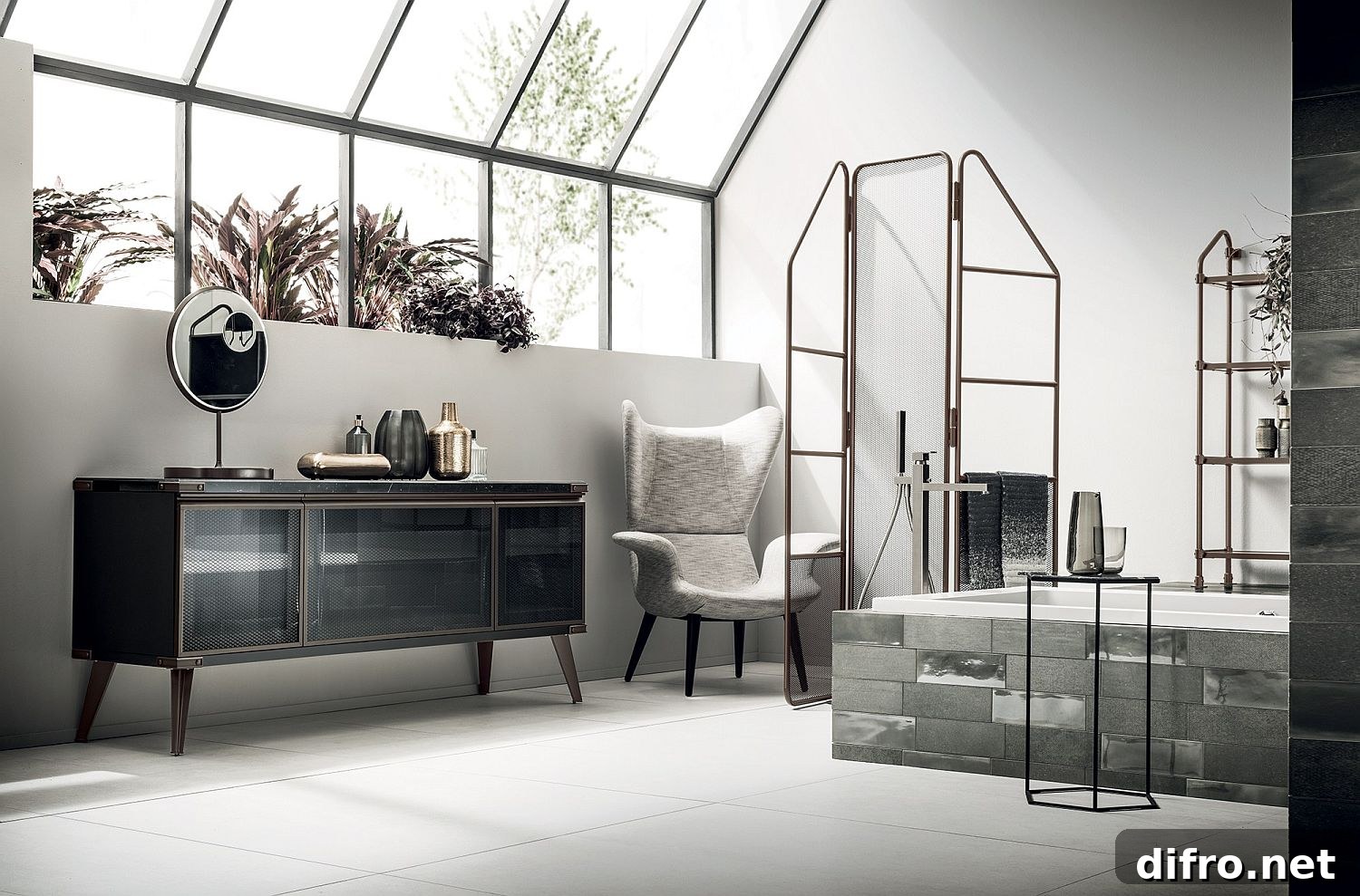 Light-filled bathroom in white with modern industrial style