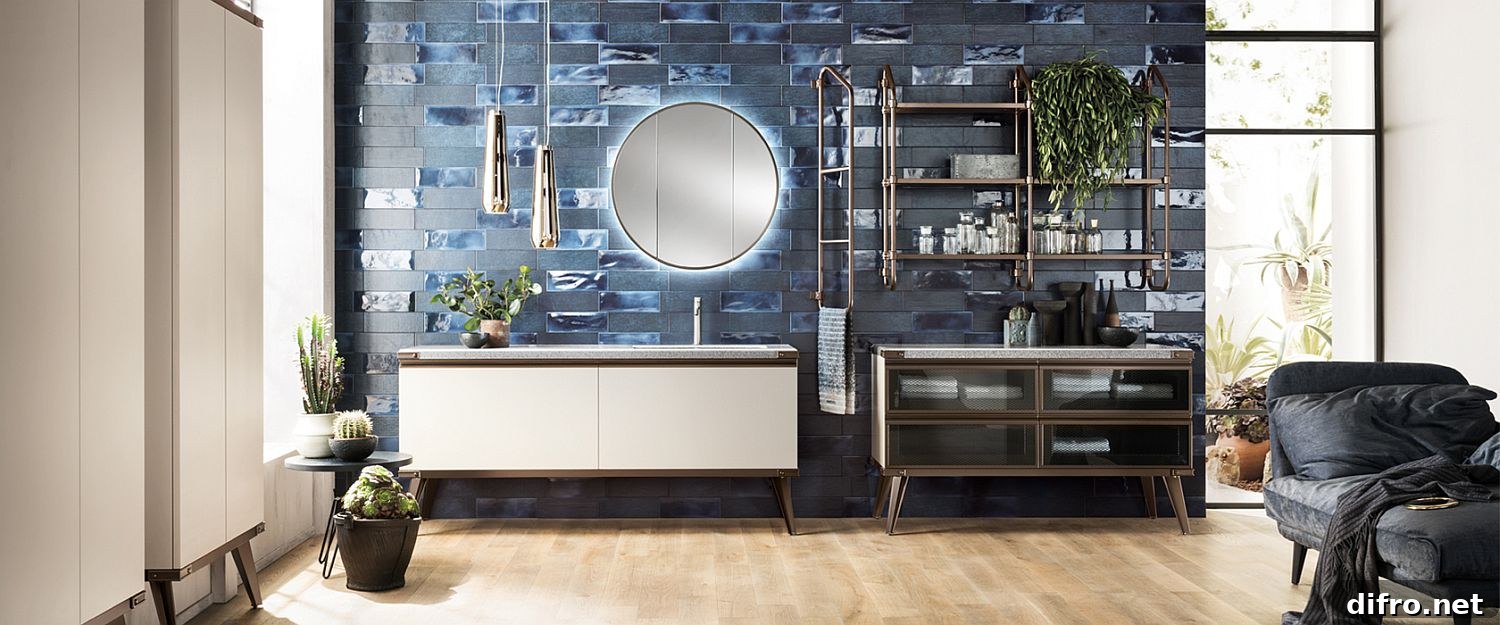 Gorgeous contemporary industrial bathroom in blue and white