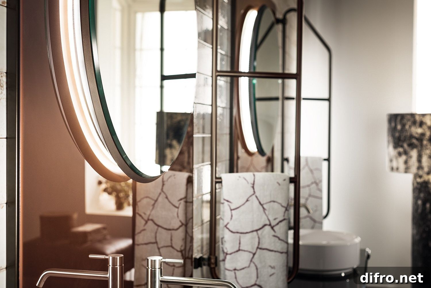 Closer look at the copper patina backsplash and lovely mirrors