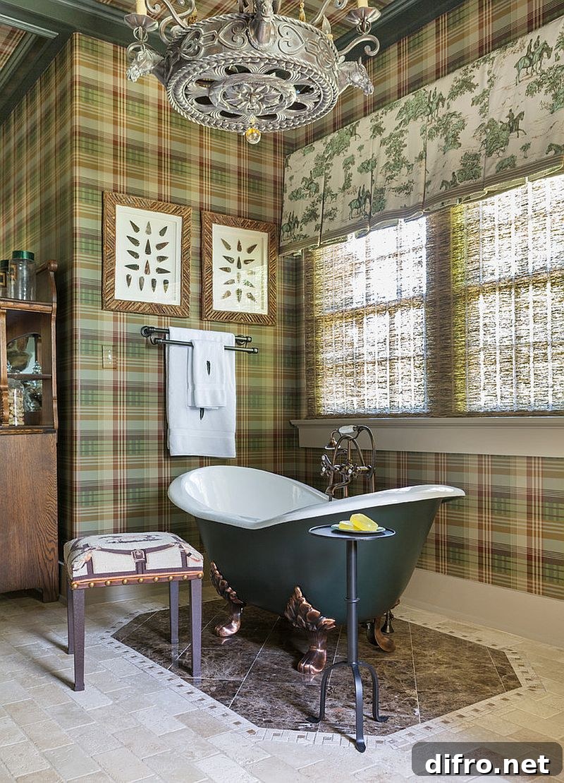 Green plaid wallpaper in traditional bathroom