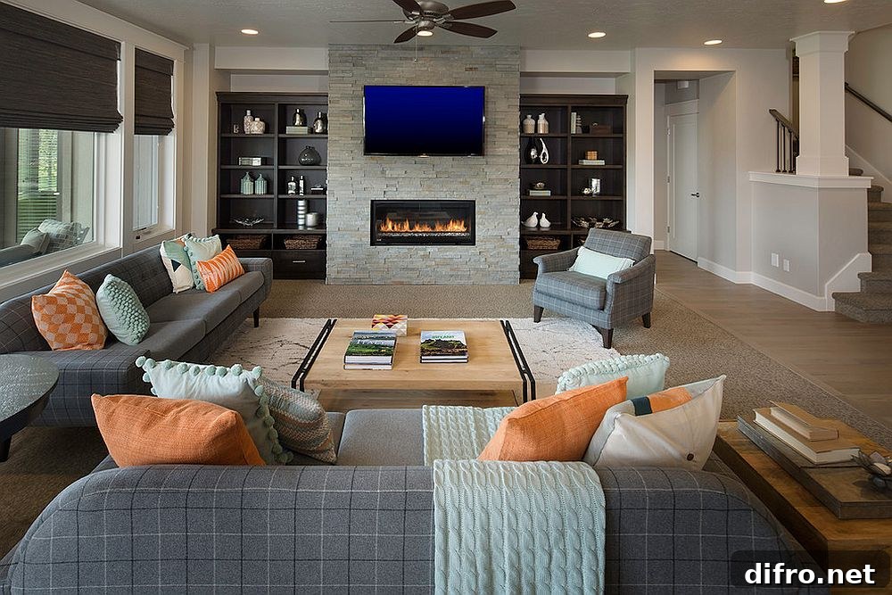 Gray plaid couch in contemporary living room