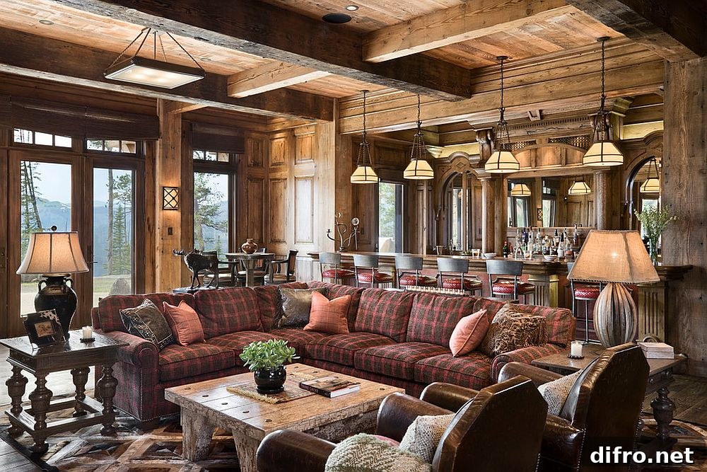 Plaid sectional in rustic family room