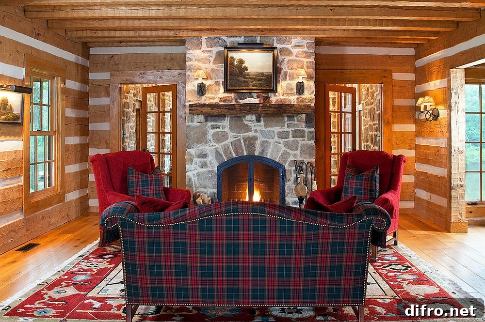 Stone fireplace matched with plaid sofa