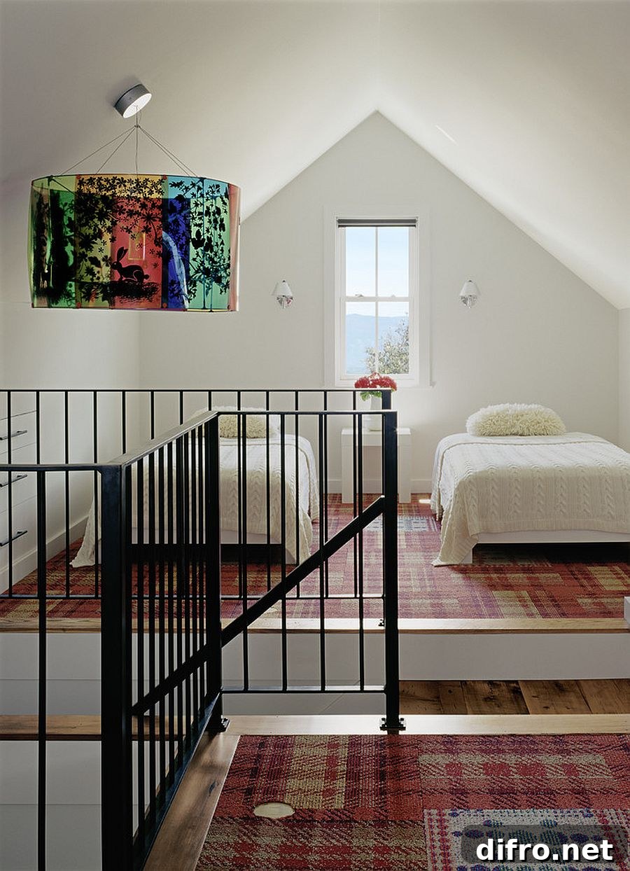 Plaid carpet in a neutral bedroom