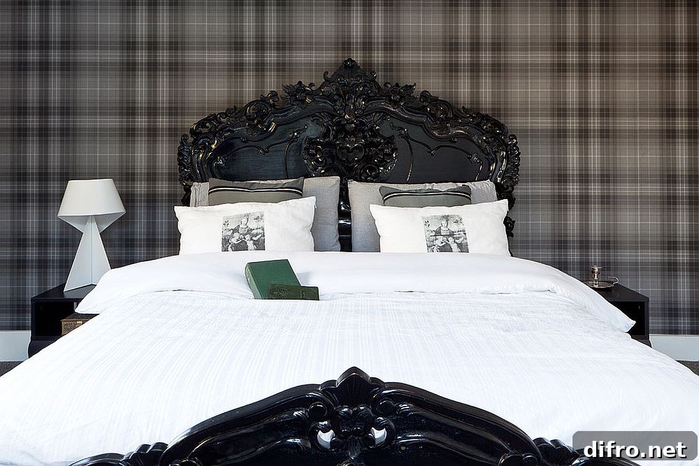 Plaid wallpaper in a transitional bedroom