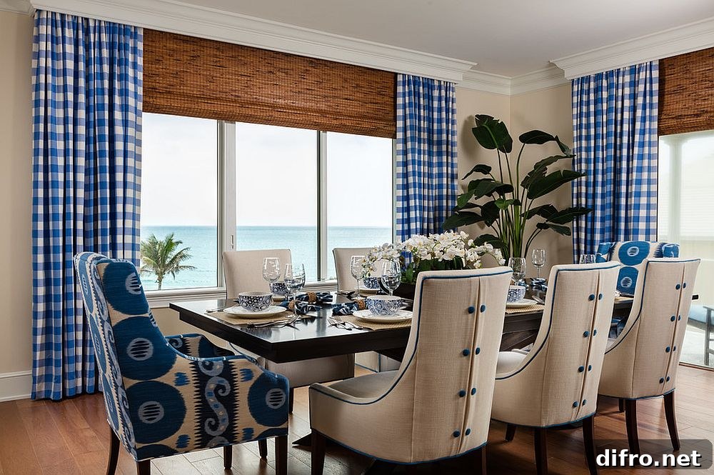 Blue plaid drapes with woven shades