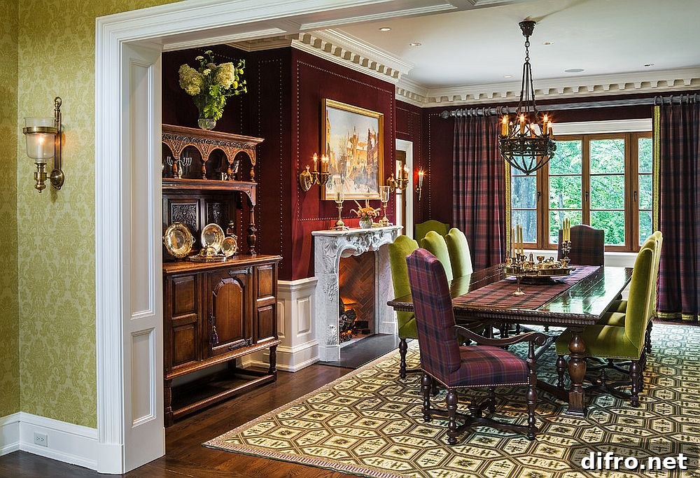 Dining room with plaid chairs and drapes