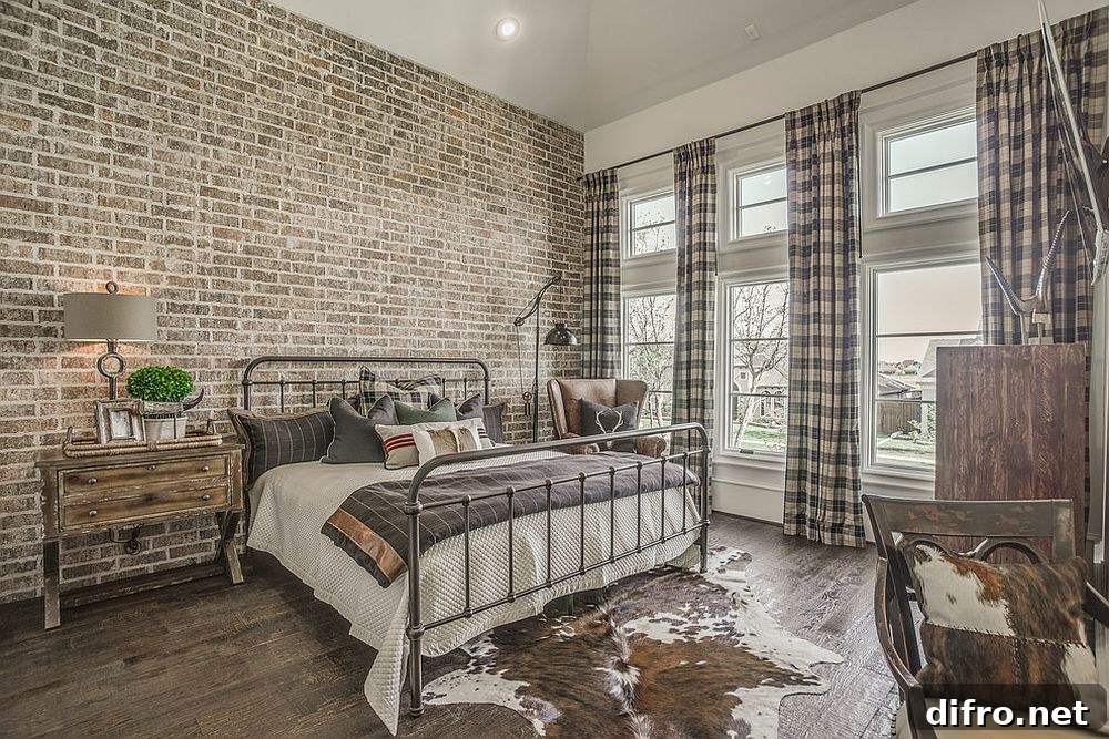 Plaid curtains in an industrial bedroom