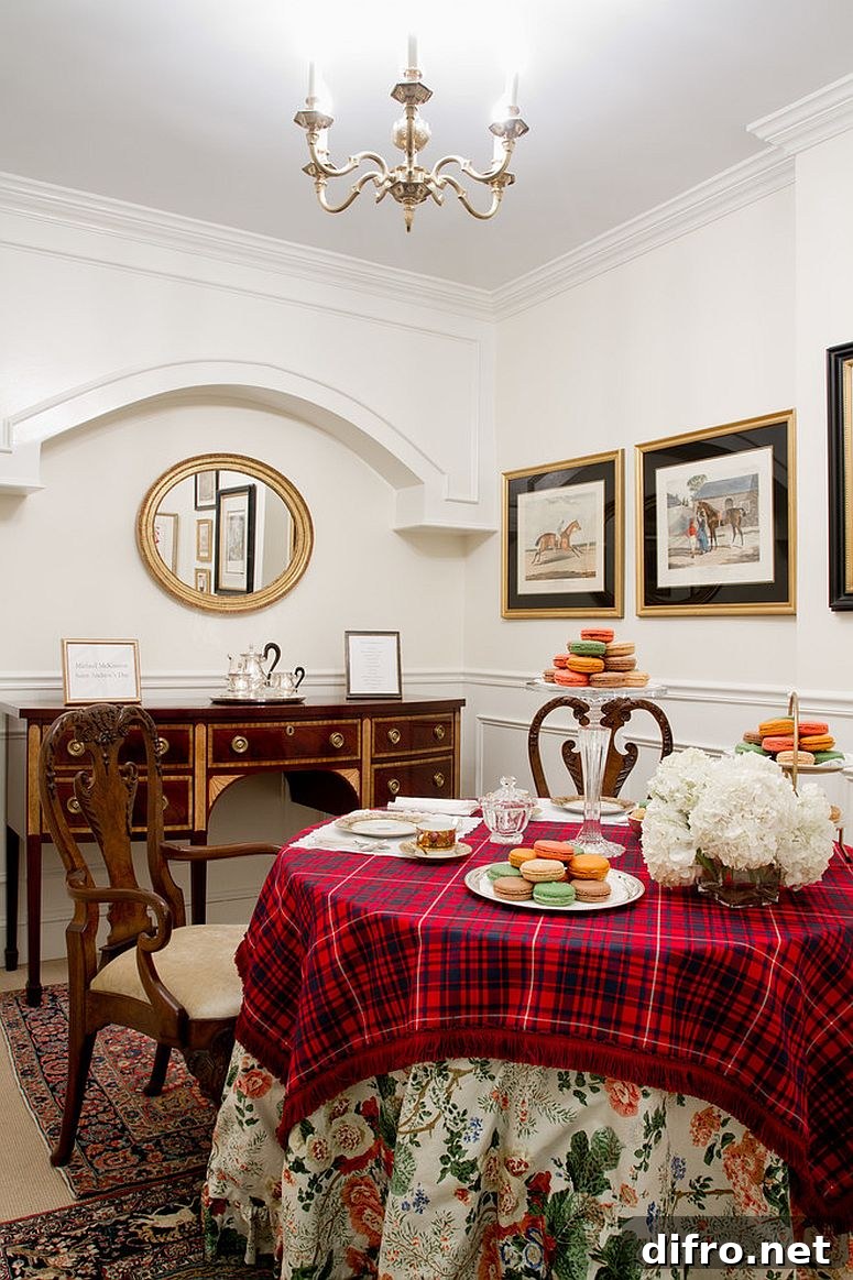 Eclectic dining room with plaid tablecloth
