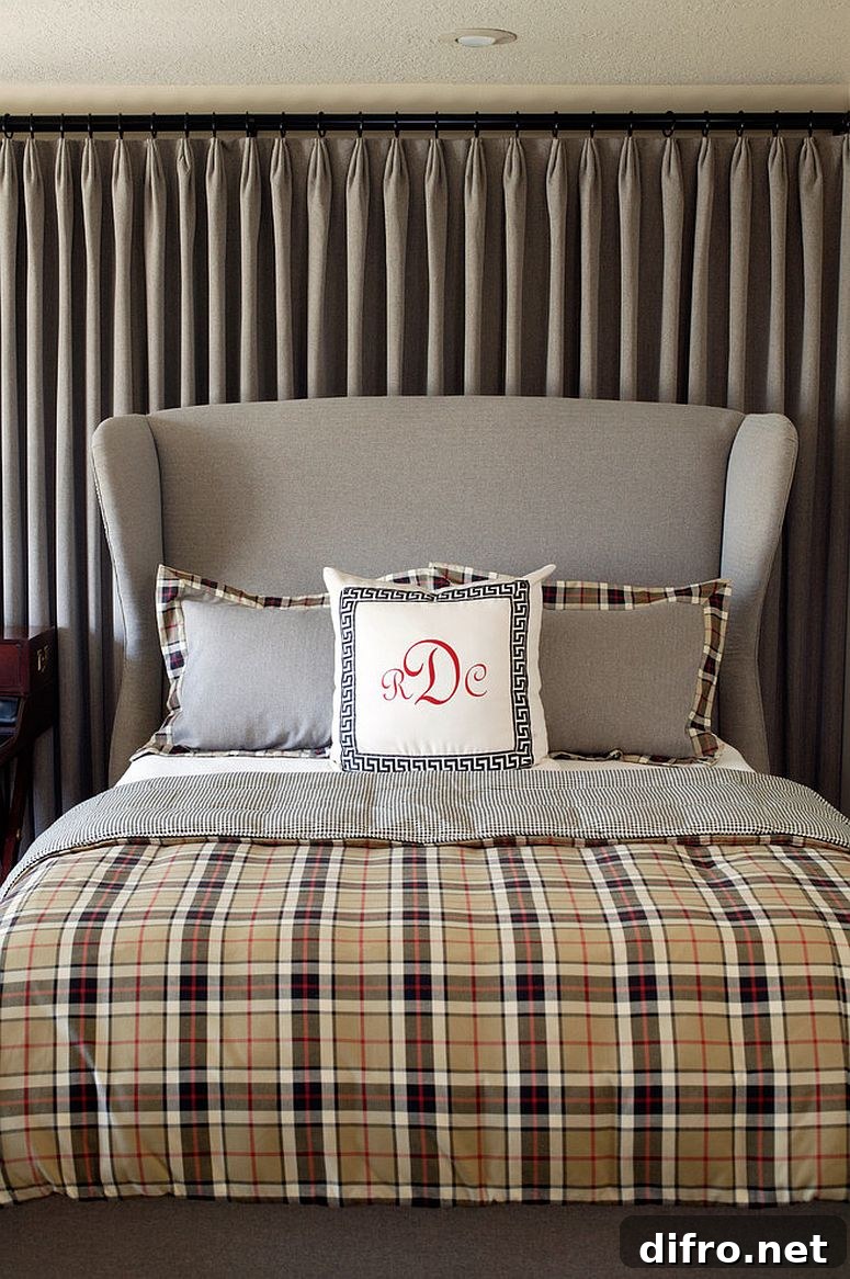 Plaid bedding in contemporary living room