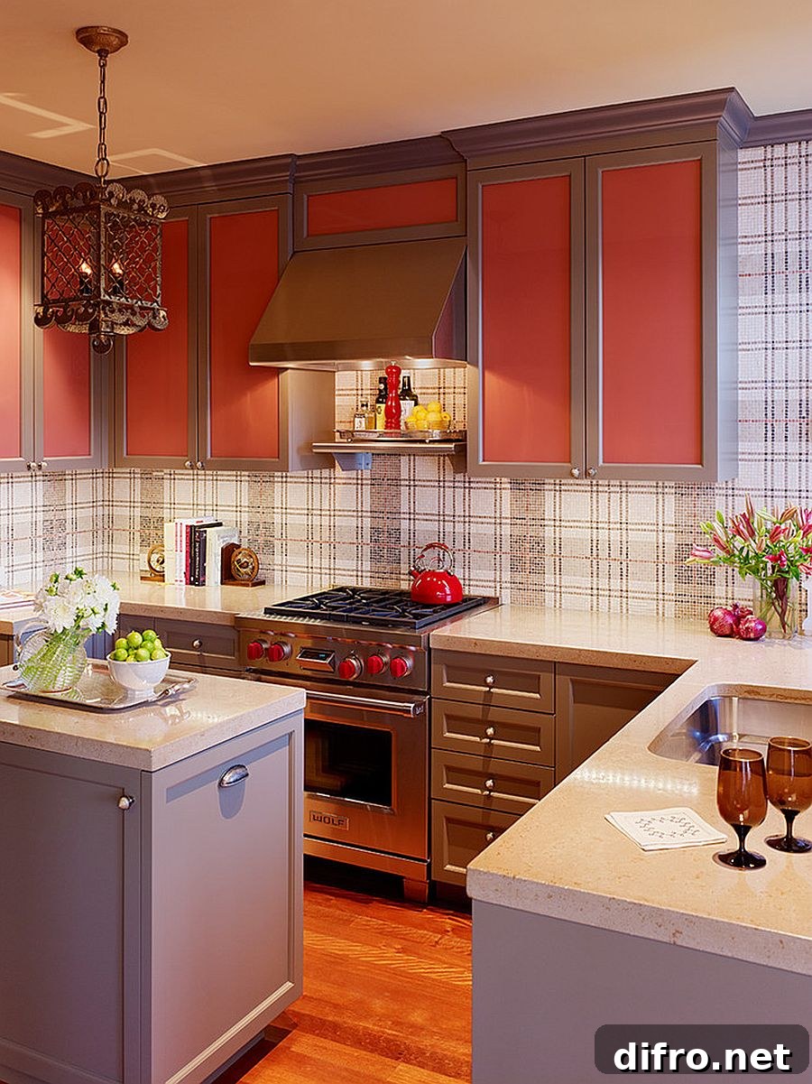 Modern eclectic kitchen with plaid wallpaper
