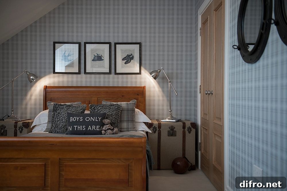 Boys' bedroom with gray plaid wallpaper and vintage trunks