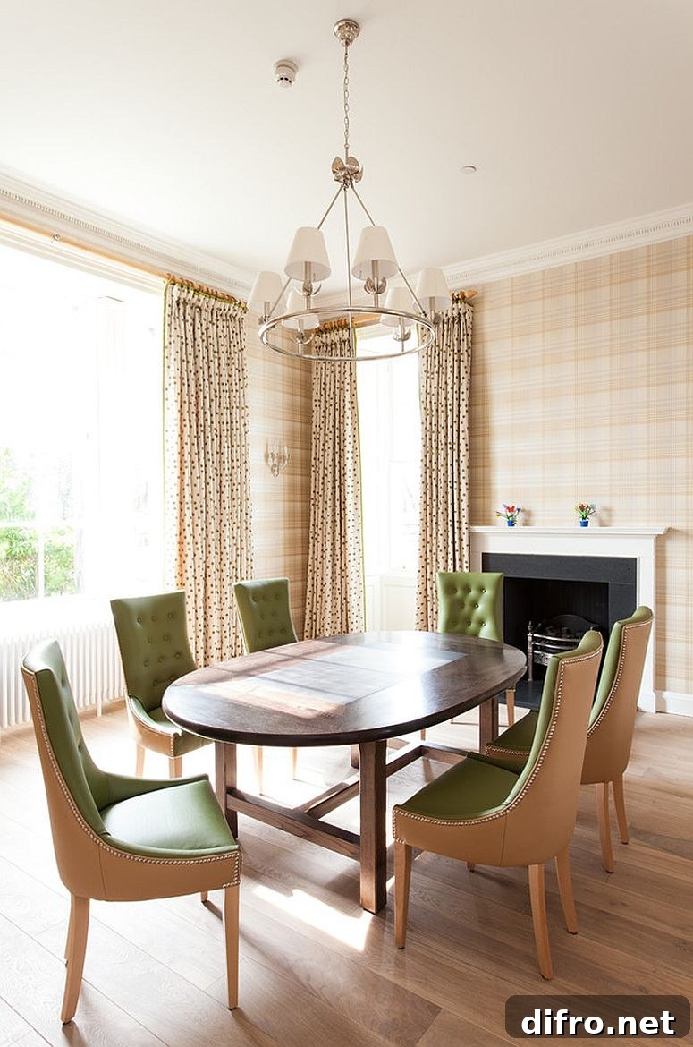 Plaid wallpaper in a restored Scottish castle dining room