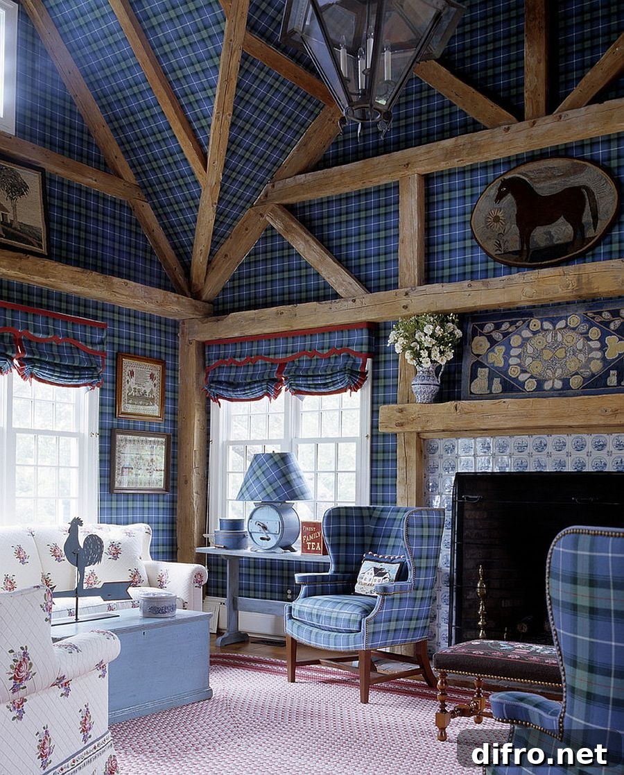 Eclectic living room draped in blue plaid