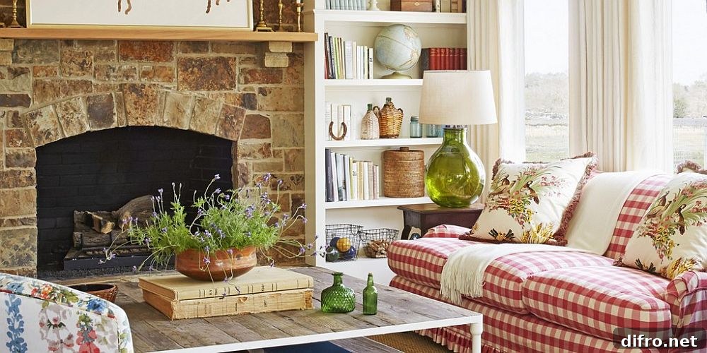 Country style living room with plaid sofa