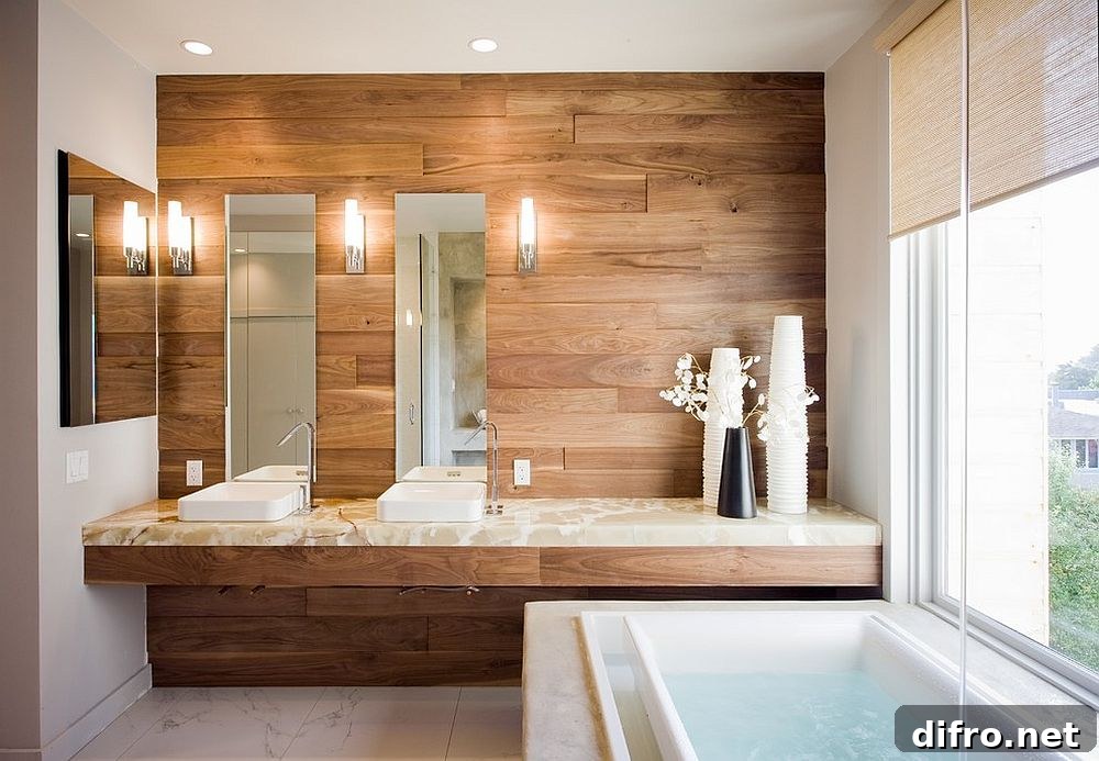 Wooden accent wall in bathroom