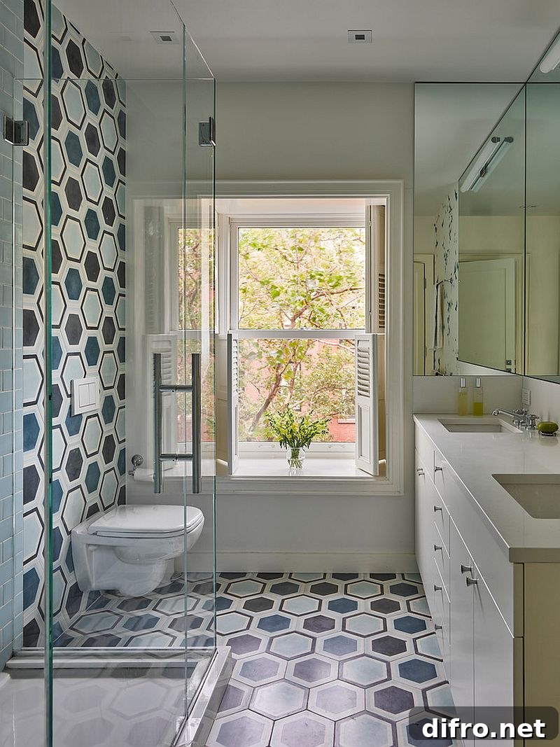 Hexagonal tiles in transitional bathroom