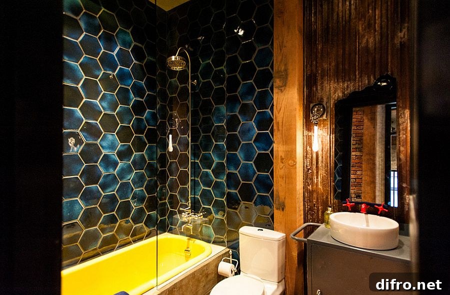 Colorful eclectic bathroom with hex tiles