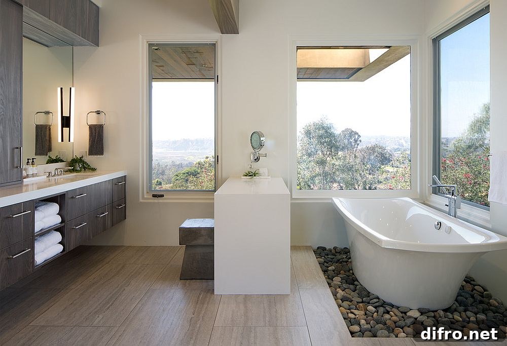 Contemporary bathroom with river rocks