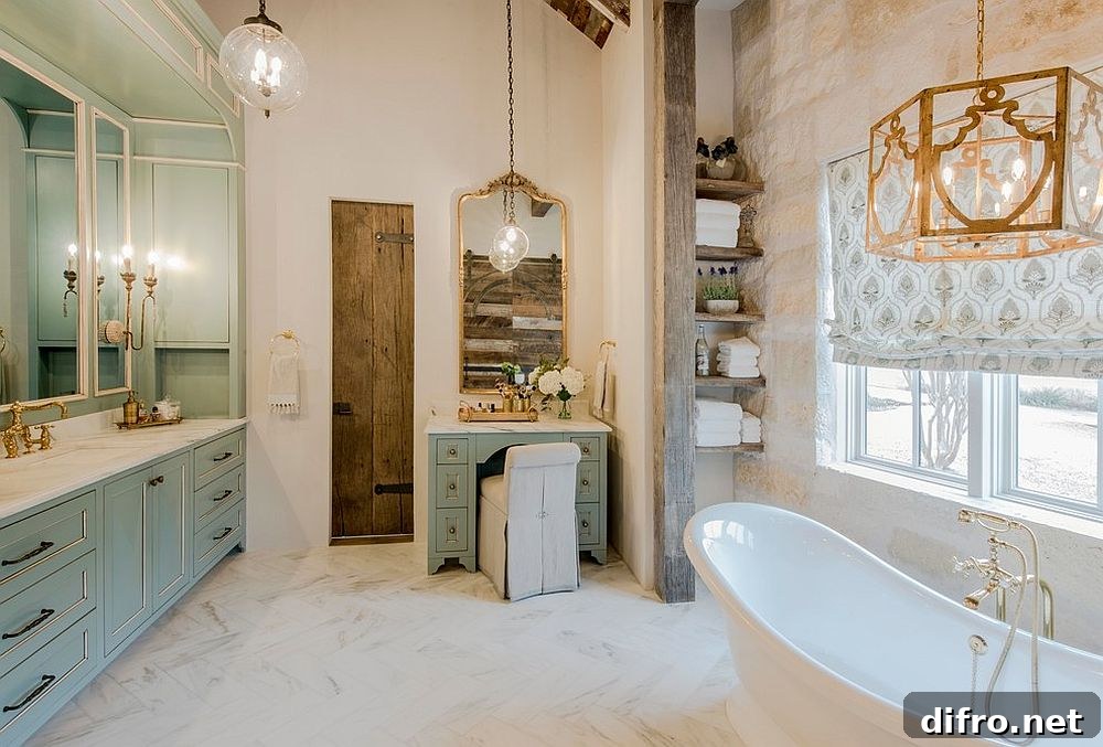 Rustic bathroom with brass accents
