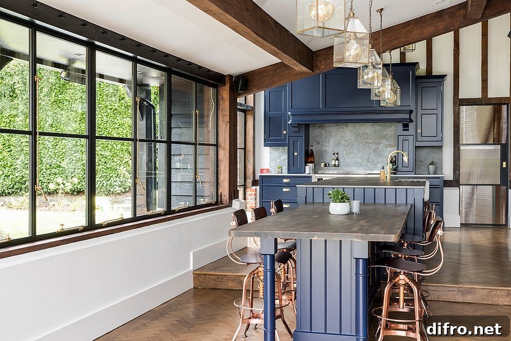 Dark blue cabinets for the farmhouse style kitchen