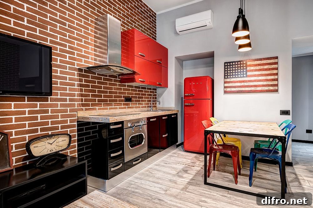 Modern industrial kitchen with bold red cabinets