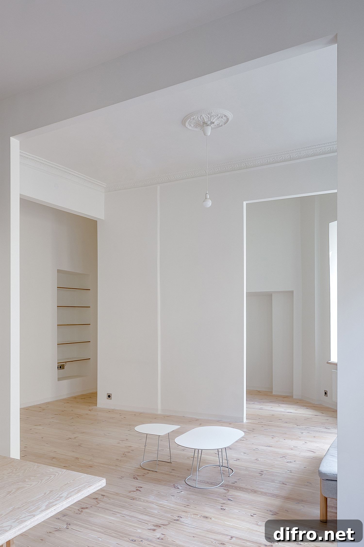 White and wood interior of the Young Family Apartment