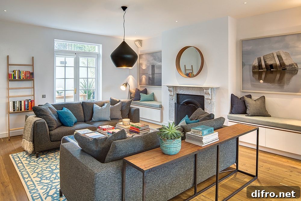 Neutral living room with gray sofa