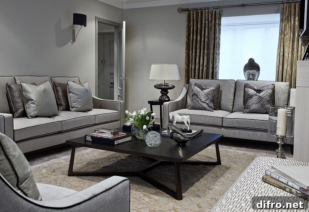 All-gray living room with black piping sofa