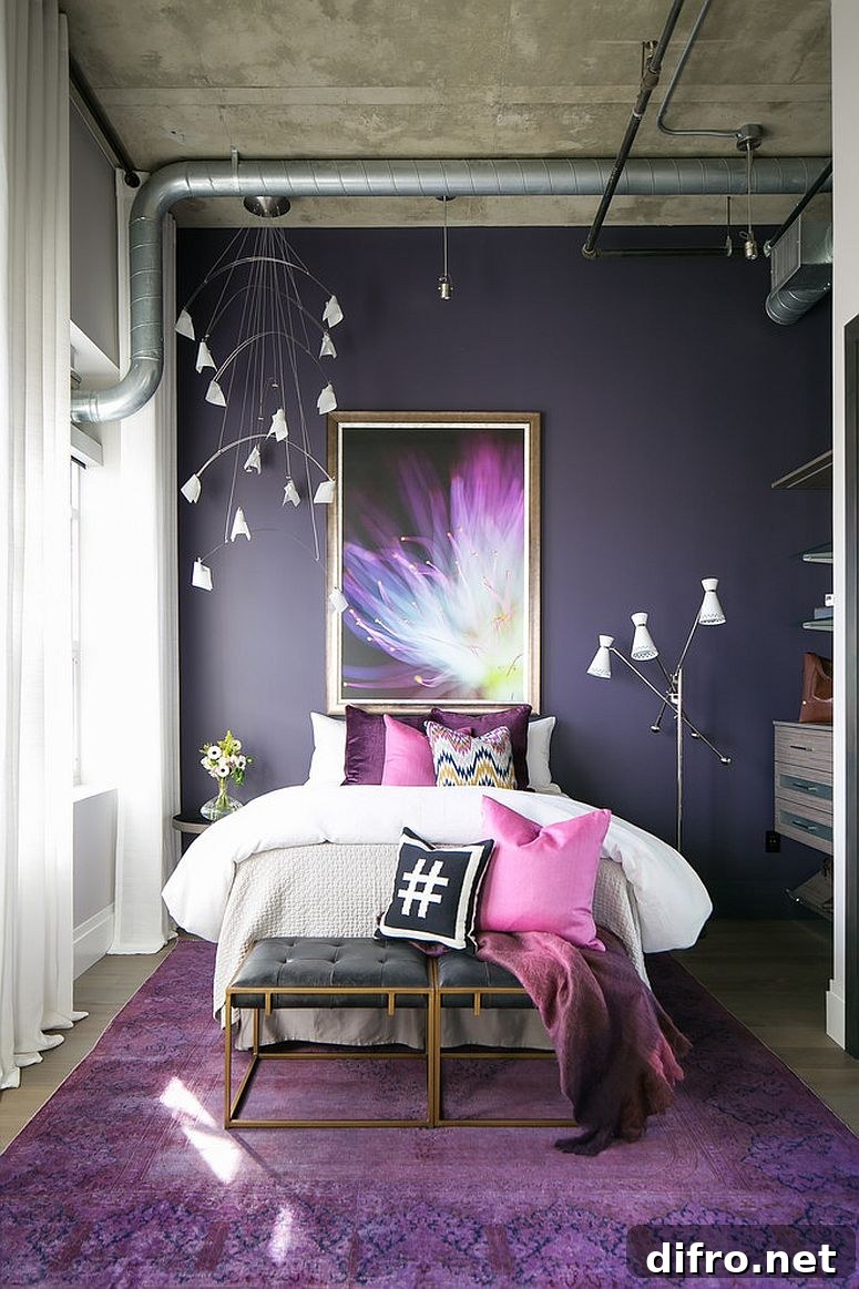 Gray and purple in industrial kids' room
