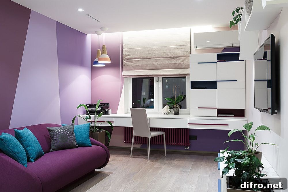 Contemporary kids' room with purple accents