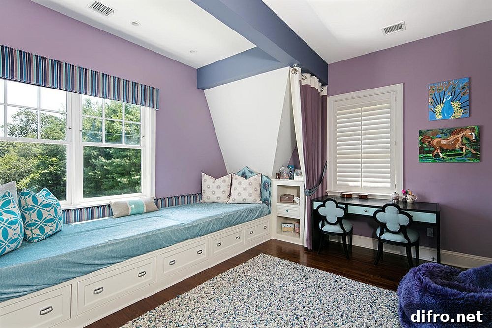 Girls' bedroom in purple with window seat