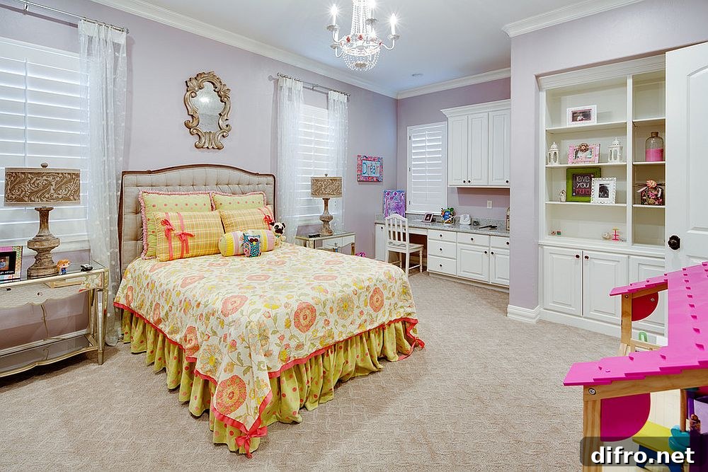 Light purple walls in girls' bedroom
