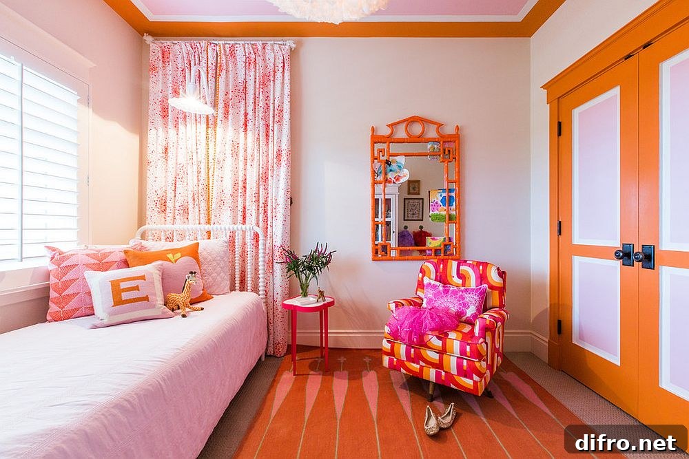 Colorful girls' room in orange, pink and white