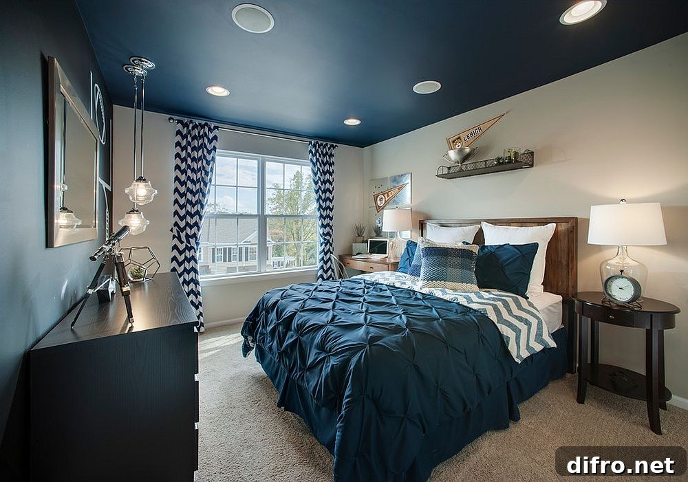 Navy blue ceiling in transitional kids' room