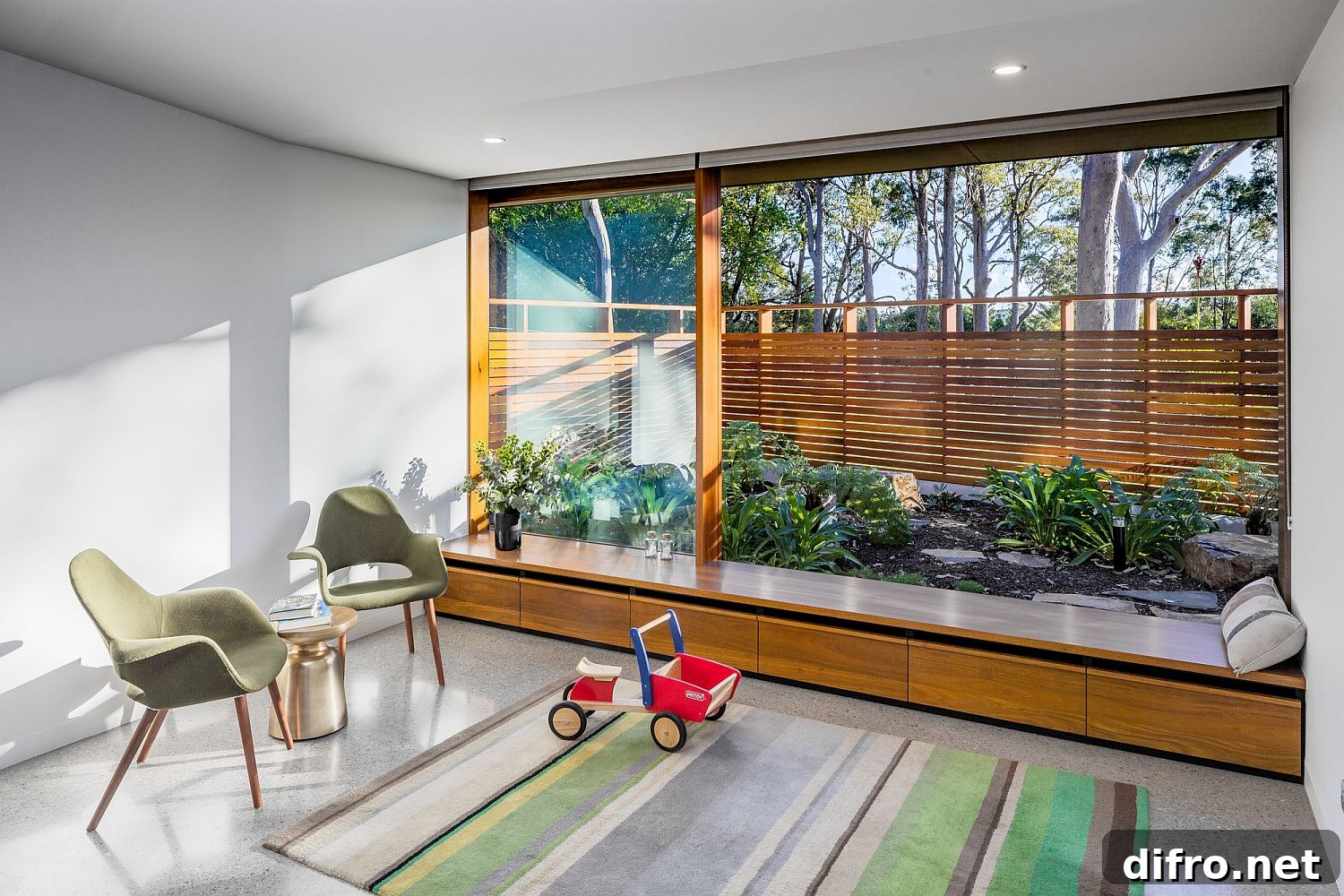 Glass walls and wooden storage
