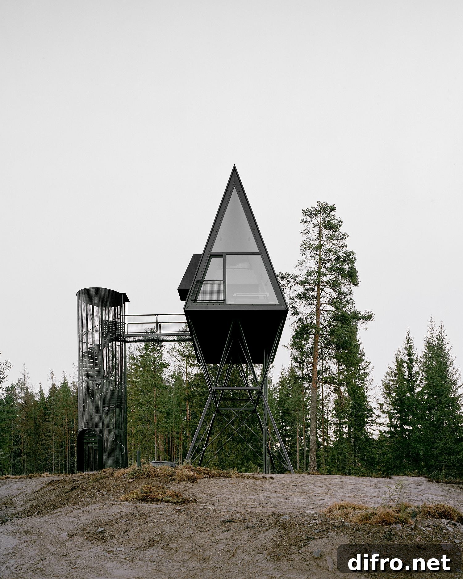 Architectural stairway design outside the cabin