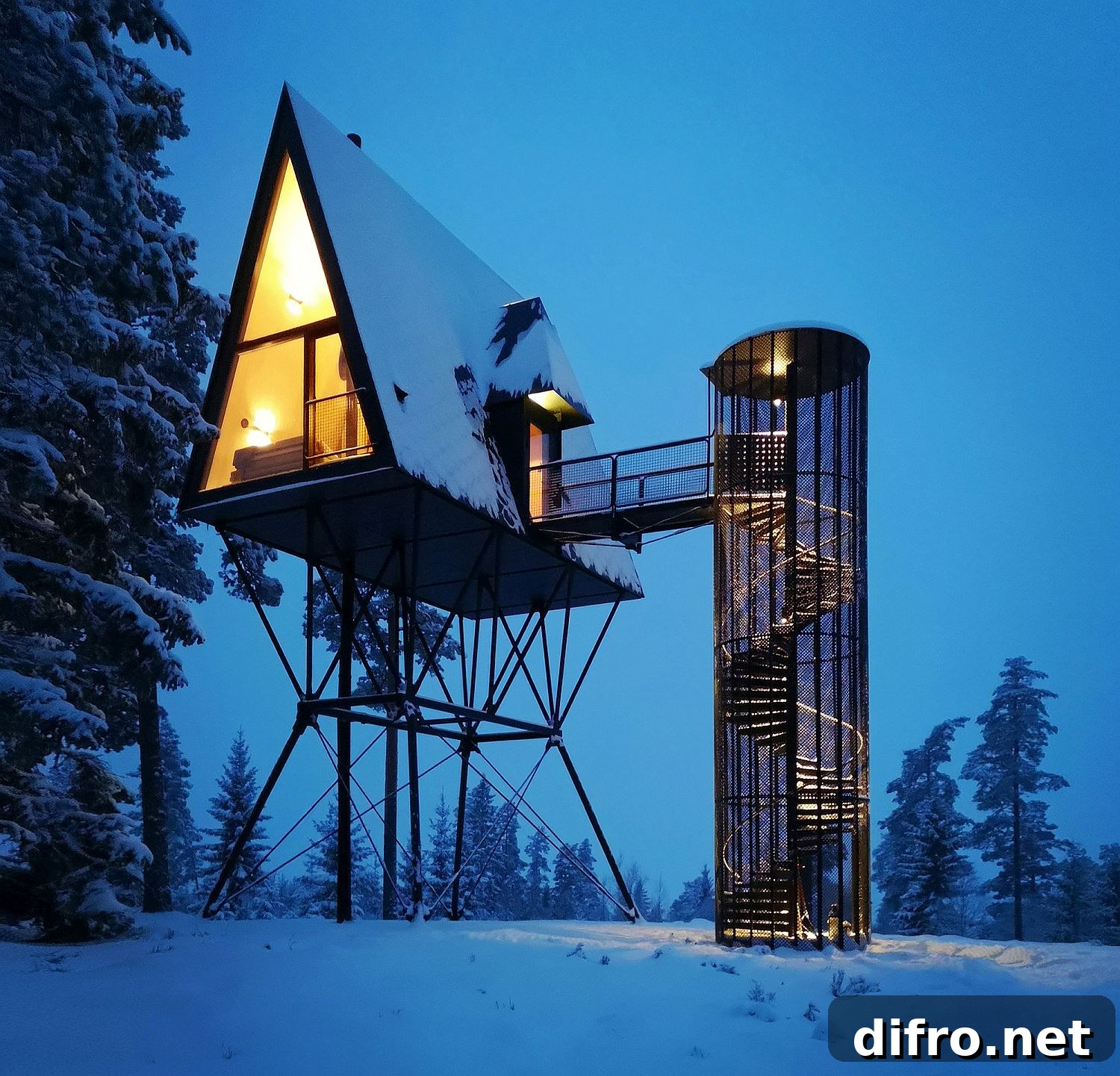 PAN cabins glowing after sunset in the forest