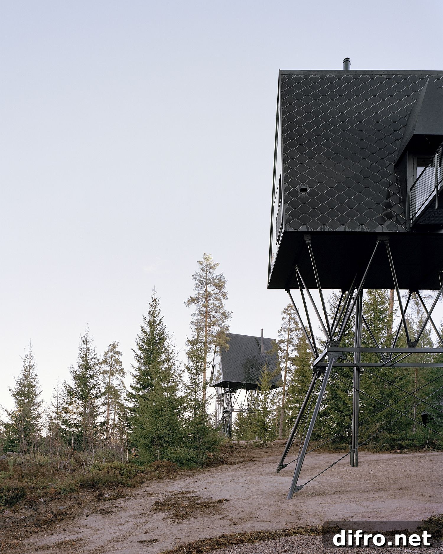 Cantilevered modern cabin above the forest floor