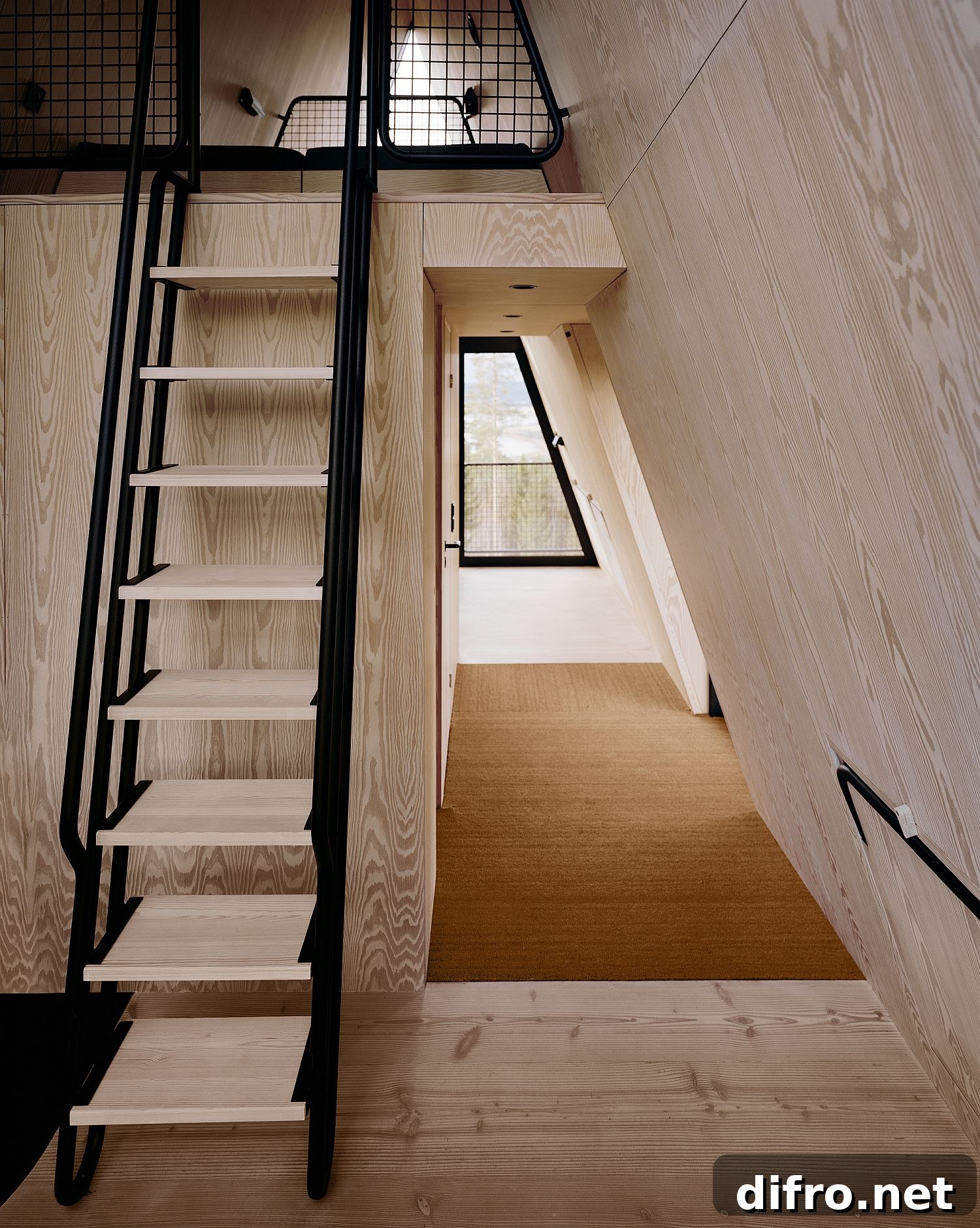 Interior of PAN cabin showing natural wood and steel elements