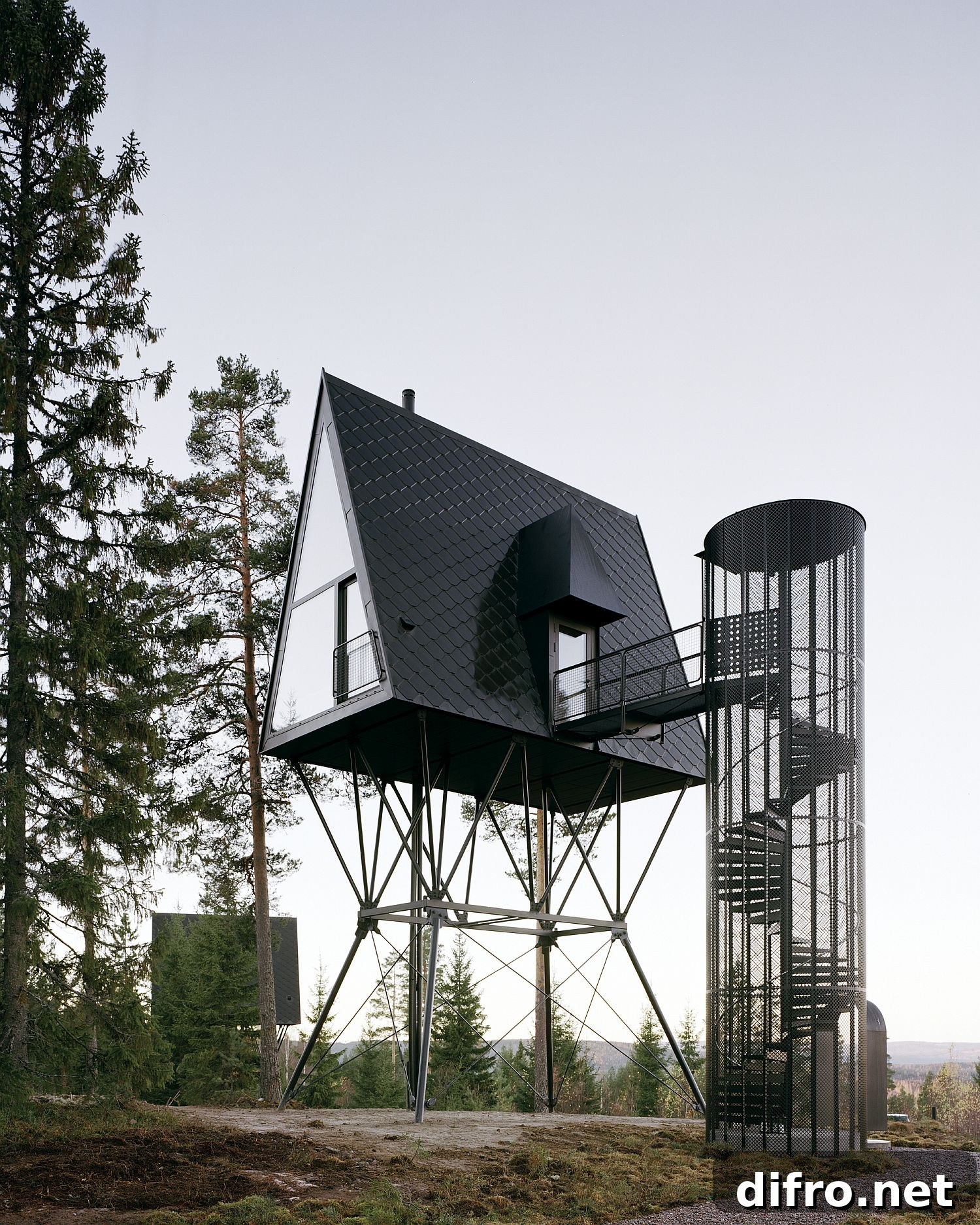 Protected stairway and walkway leading to the cabin
