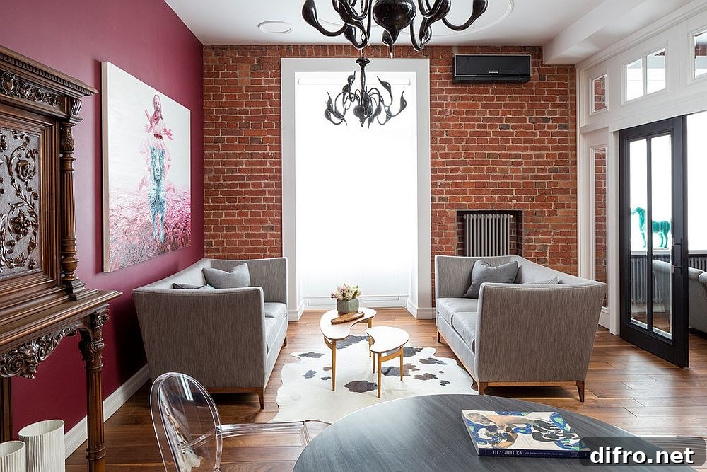 Brick and pink in eclectic living room