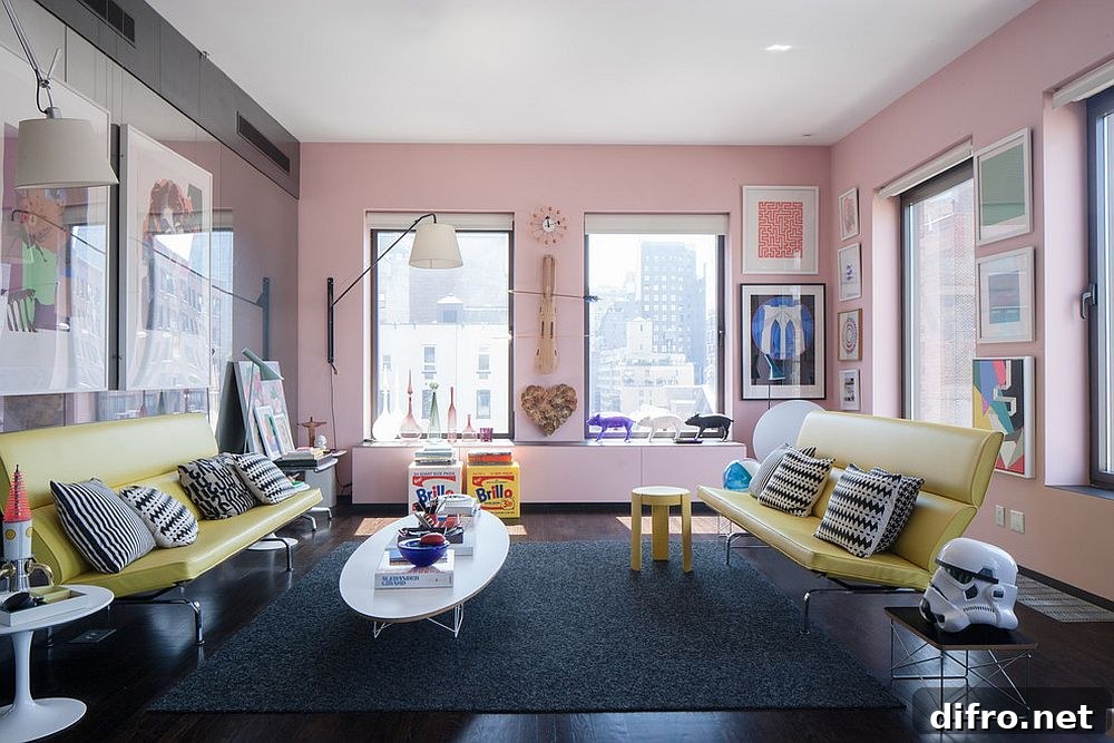 Eclectic pink living room with yellow accents
